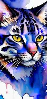 Artistic watercolor illustration of a cat with vibrant blue hues.