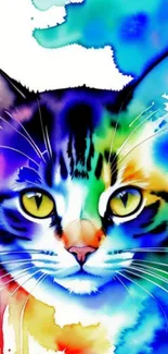 Colorful watercolor cat portrait in vibrant hues and white background.