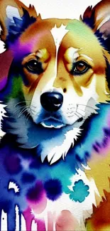 Vibrant watercolor painting of a dog in various colors.