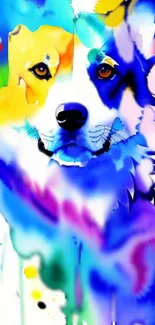 Vibrant watercolor painting of a dog in blue hues.