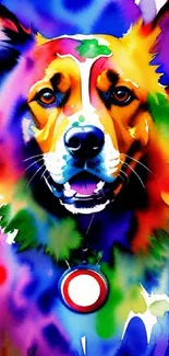 Colorful watercolor dog art with vibrant splashes.