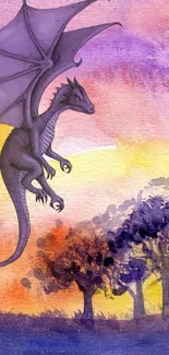 Watercolor dragon flying over vibrant sunset landscape.