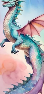 Colorful watercolor dragon with pastel shades.