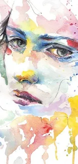 Watercolor face art with vibrant splashes of color on white background.