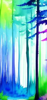 Vibrant watercolor forest with colorful trees and serene atmosphere.