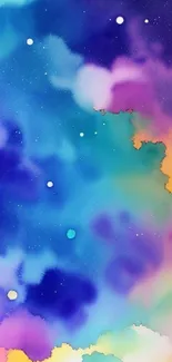 Vibrant watercolor galaxy wallpaper with stars and pastel colors.