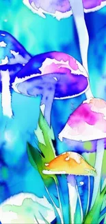 Vibrant watercolor mushrooms with blue, pink, and orange hues.