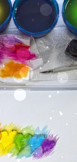 Vibrant watercolor painting setup with colorful paints and brushes.