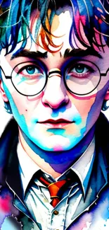 Vibrant watercolor portrait of a young man in glasses with colorful details.