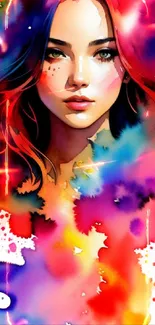 Vibrant watercolor portrait of a woman with colorful abstract splashes.