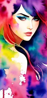 Vibrant watercolor portrait of a woman with colorful splashes.