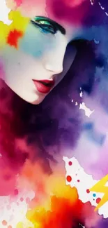 Vibrant watercolor portrait with abstract colors.