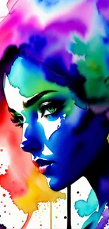 Vibrant watercolor portrait of a woman with vivid colors and artistic design.