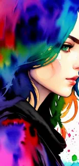 Vibrant watercolor portrait with rainbow colors for mobile wallpaper.