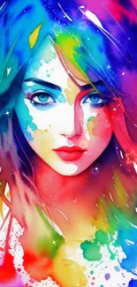 Vibrant watercolor portrait with colorful splash effects.