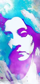 Vibrant watercolor portrait with purple and blue hues in an abstract style.