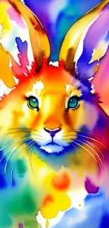 Vibrant watercolor rabbit artwork with multicolored splashes.