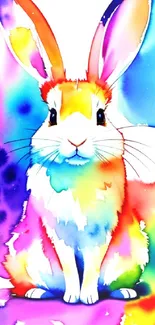 Colorful rabbit watercolor art with vibrant rainbow splashes.