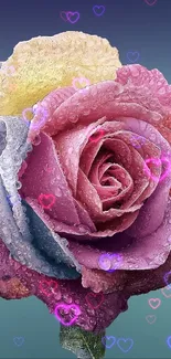 Colorful watercolor rose with dewdrops against a gradient background.