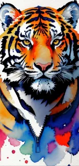 Watercolor tiger artwork in vibrant colors, ideal for phone wallpaper.