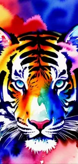 Vibrant watercolor tiger with rainbow background on mobile wallpaper.