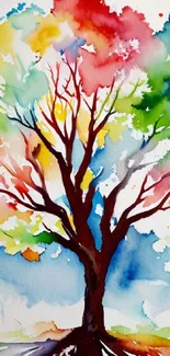 Vibrant and colorful watercolor tree artwork for mobile wallpaper.