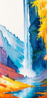 Colorful watercolor painting of a waterfall in a vibrant autumn landscape.