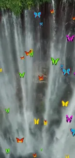 Vibrant waterfall with colorful butterflies flying across the scene.