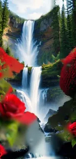 Waterfall with red roses amidst lush green landscape on mobile wallpaper.