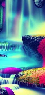 Colorful waterfall art with vibrant rocks and flowing water.