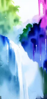 Vibrant watercolor art of a waterfall in blue and green hues.