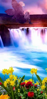 Vibrant fantasy waterfall wallpaper with colorful flowers.