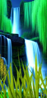 Vibrant fantasy waterfall wallpaper with lush greenery and cascading water.