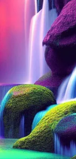 Vibrant fantasy waterfall with neon colors and lush greenery.