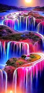 Vibrant fantasy waterfall with neon colors and an ethereal landscape.