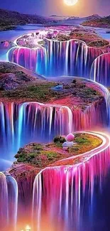 Fantasy waterfall with vibrant colors and surreal landscape.