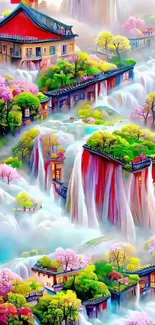 Fantasy landscape with waterfalls and vivid colors in a dreamlike setting.