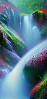 Colorful fantasy waterfall with lush green and vibrant hues.