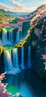 Fantasy landscape with waterfalls and cherry blossoms.