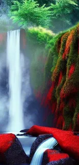 Fantasy waterfall scene with vibrant colors and lush greenery for mobile wallpaper.