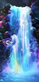 Fantasy waterfall with vibrant colors in a serene natural setting.