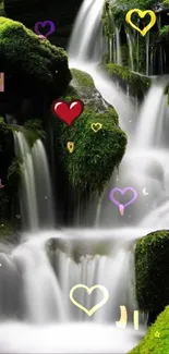 Vibrant waterfall with hearts and stars on green mossy rocks.