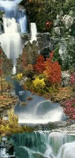 Vibrant landscape wallpaper with waterfalls and colorful trees.