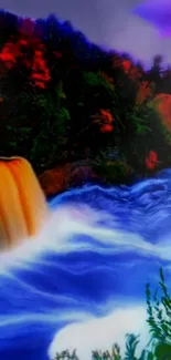 Vibrant waterfall with blue river and autumn foliage in digital art style.