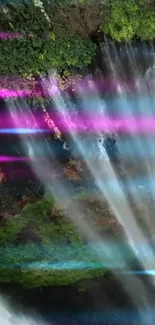 Colorful waterfall with vibrant light beams.