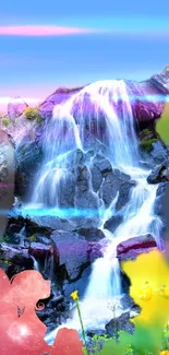 Colorful nature wallpaper with waterfall and flowers.