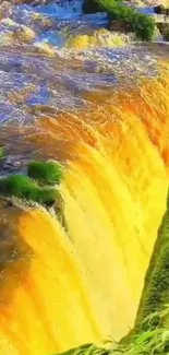 Vibrant golden waterfall with lush green surroundings.