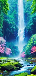 A vibrant waterfall surrounded by lush, colorful trees in a serene forest setting.