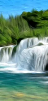 Abstract painting of a lush green waterfall landscape.