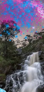 Colorful night sky over a waterfall with vibrant hues.